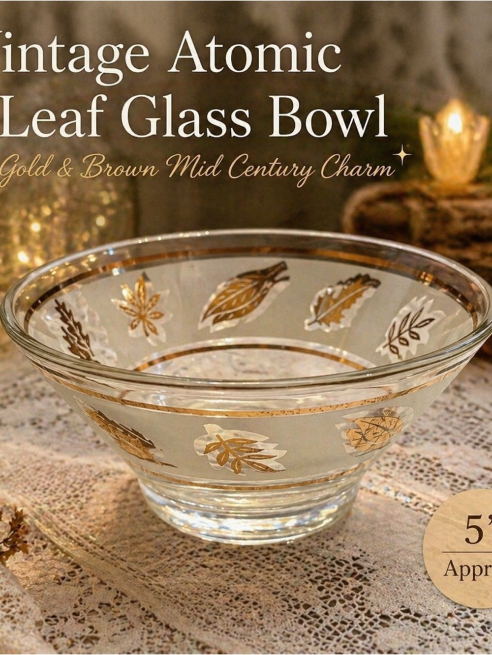 Vintage Atomic Leaf Glass Bowl Gold Brown Mid Century Dessert